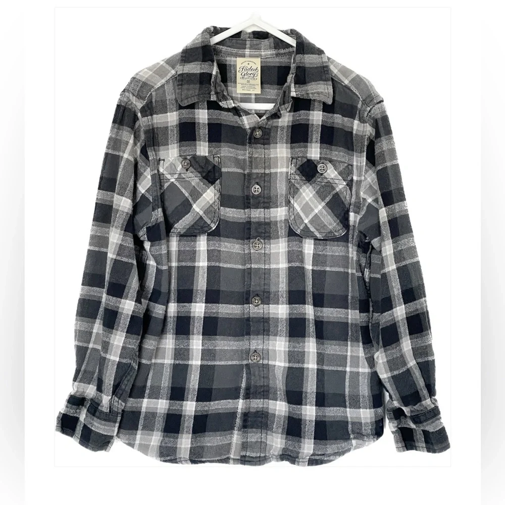 5/$15 Faded Glory Boys flannel plaid shirt size medium black gray - Picture 2 of 5